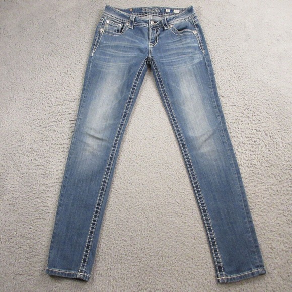 Miss Me Signature Skinny Jeans size 27 x 32 Low Rise Cross Studs Rhinestones Y2K - Picture 2 of 13